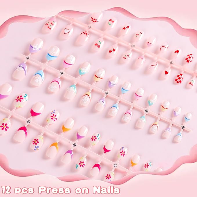 SIUSIO 3Pack Children Acrylic Fake Nails, 72pcs Press on Full Cover Cherry French Tips Short Almond False Nail Art Kits Set with Sticker Tabs Nail Glue Gel for Kids Little Girls Women - Floral Cherry