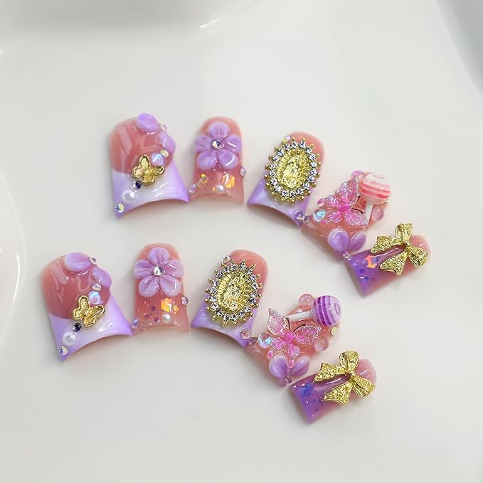 10Pcs Handmade Acrylic Press on Nails Short Duck Fake Nails with 3D Flower Butterfly Bow Rhinestone Design Purple French Tip False Nails Handmade Duck Nails Press ons Spring Flower Nail for Women (M)