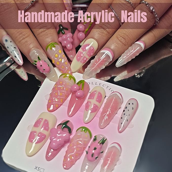 Handmade Acrylic Press On Nails Almond, Long Almond Press On Nails 3D Design, 3D Fruit Strawberry Nails For Women Gift, Reusable Stick On Fake Nails Kit With Nail Glue(Strawberry Fruit Feast-L)