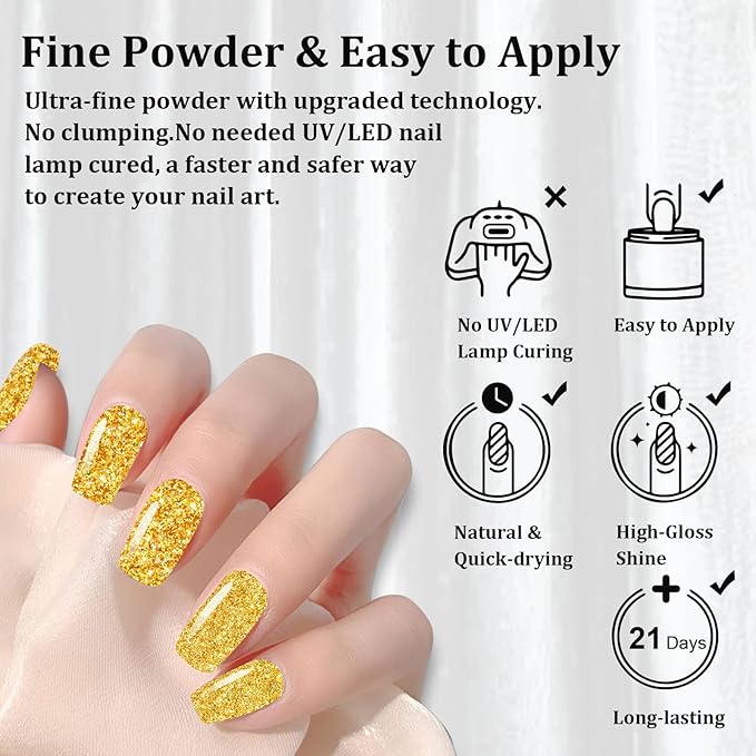 Salon Quality Glitter Gold Nail Dip Powder 1OZ Sparkle Glitters Nail Dipping Powder with Opal Foils, Smooth Fine Powder Easy to use for starters, Metallic