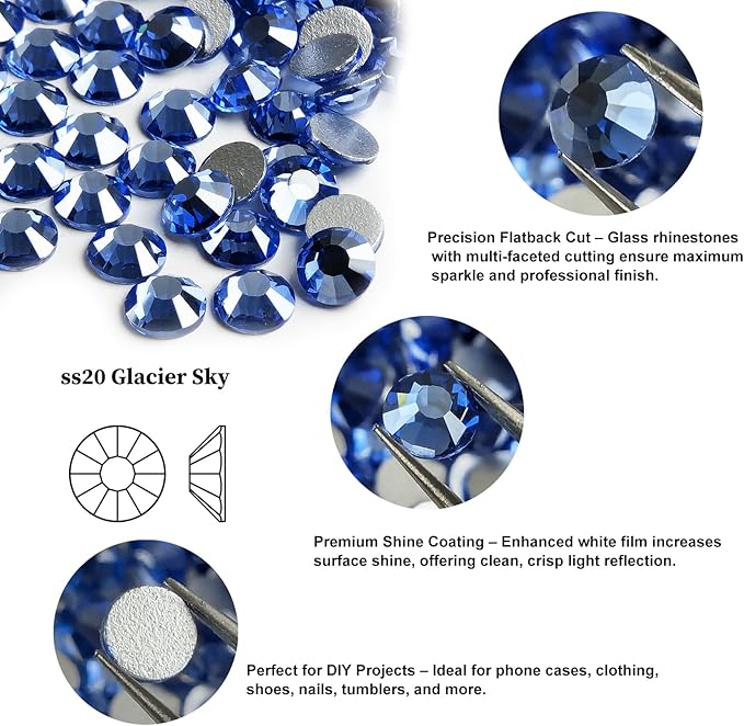 Genie Crystal SS20 Ice Light Sapphire Flatback Rhinestones 1440pcs, White-Film Coated Blue Rhinestone, Non-Hotfix for Nail Art, DIY Crafts, Tumblers, Clothes, Shoes, Phone Case