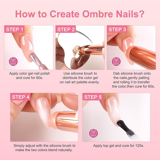 BQAN Patting Gel Polish Kit - Pro Ombre 5 Color Gradient Set with Sponges, Silicone Brush & Palette for French Aura Manicure Salon-Quality DIY Nail Art (Pink White Nude Brown)