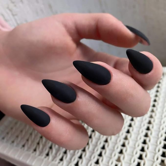 Matte Black Press on Nails Almond Shaped Medium Almond Nails Press on Neutral Acrylic Nails Reusable Fake Nails for Women, Glue on Nails Medium Length Stiletto False Nails Soft Gel Artificial Nails