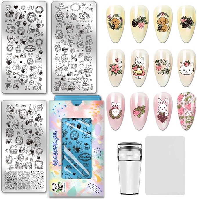 PH PandaHall 3pcs Rabbit Puppy Cat Nail Stamping Plates, Lovely Bow Strawberry Nail Art Templates Cute Animal Stainless Steel Image Plate Art Stencils for Easter DIY Print Manicures Salon Design