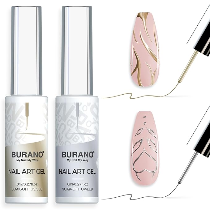 BURANO Silver Gold Metallic Gel Nail Polish Liner Nail Art Polish, 3D Painted Mirror Chrome Painted Gel Nail Design Polish 2 Bottle 8ml Chrome Nail Polish Curing Required LX33 LX32