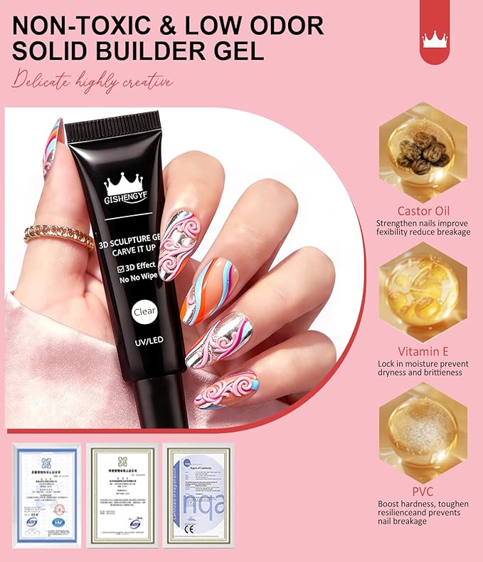 3D Nail Gel and Chrome Nail Powder BISHENGYF - 15g No Wipe 3D Sculpting with Rose Gold Chrome Powder Clear Non-Sticky Sculpting Gel for Home Art DIY