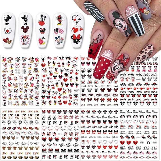 8 Sheets Cute Cartoon Nail Art Stickers Decals Romantic Valentine Day Nail Design Stickers 3D Self Adhesive Nail Art Valentines Nail Decals for Women DIY Manicure Valentine Day Party Nail Decoration