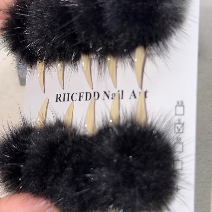 10 Pcs Luxury Press on Nails Medium Curved Stiletto Handmade Cat Claw Reusable Fake Nails Unique Cat Claw False Nails with Black Furry Fur Designs Glossy Glue on Nail Thick Acrylic Nail (S)