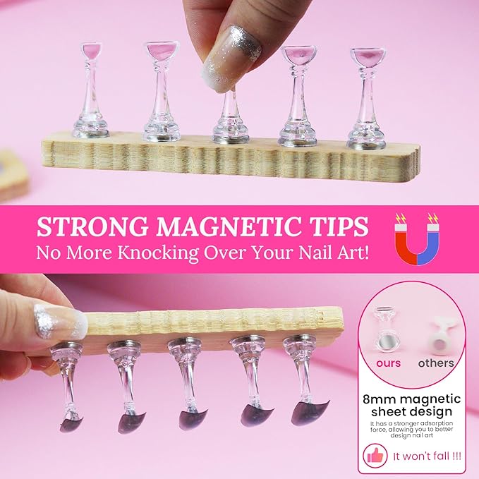 Nail Stand For Press Ons Tall Extra-High Nail Tip Holder For Painting Art Supplies Magnetic Wood Display With 1 Heart Fake Nail Stands, 200Pcs Double Sided Tape, Decorating Art Accessories Kit