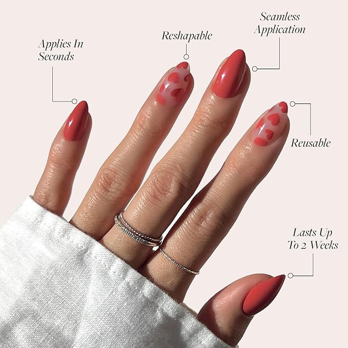 Valentines Day Glamnetic Press On Nails - Love Me | Glossy, Semi-Transparent, Short Almond Red Heart Nails, Salon Quality | 15 Sizes - 30 Nail Kit with Glue