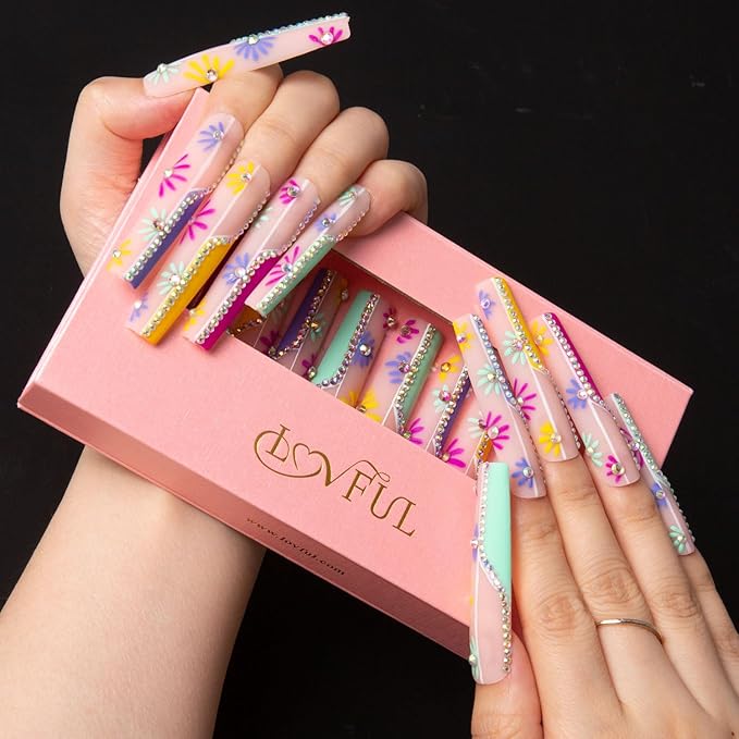 LOVFUL Press on Nails Wild Blooming | Handmade with Full Covered Crystals | Reusable Fake Nails | Square | H156-S, pink