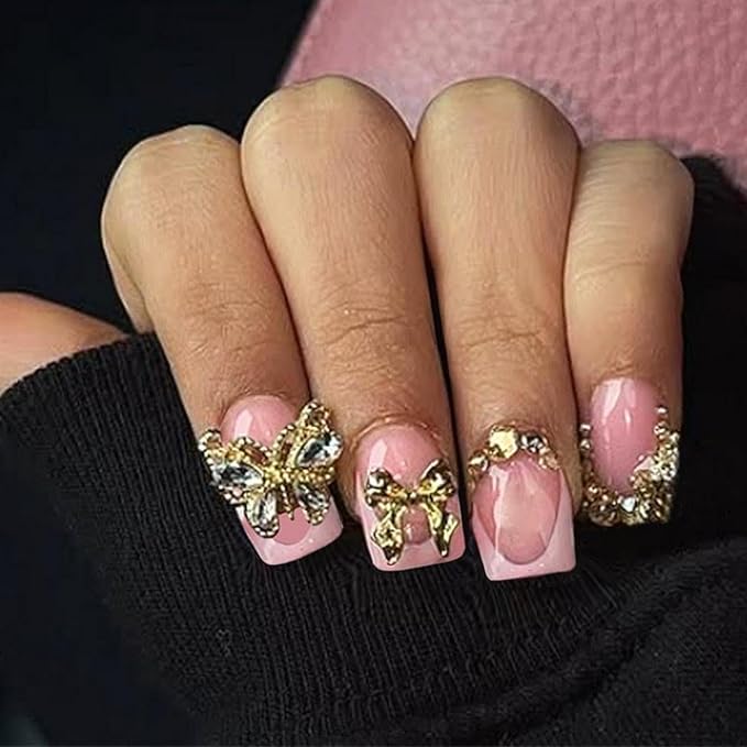 Butterfly Press on Nails - Short Square Fake Nails - Pink French tips Glue on Nails Gold Bow Rhinestone Stick on Nail Glossy Reusable False Nail for Women Manicure 24pcs