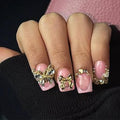 Butterfly Press on Nails - Short Square Fake Nails - Pink French tips Glue on Nails Gold Bow Rhinestone Stick on Nail Glossy Reusable False Nail for Women Manicure 24pcs