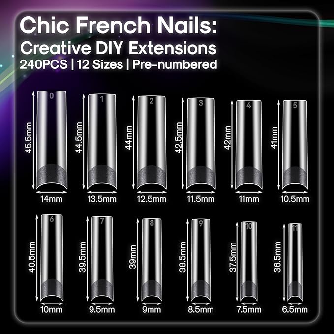 Flattened No C Curve, XXL Square Nail Tips, Half Matte Clear Half Cover Tapered Square Straight Flat Tips for Acrylic Nails Salons Home DIY Extensions(12 Sizes 240PCS)