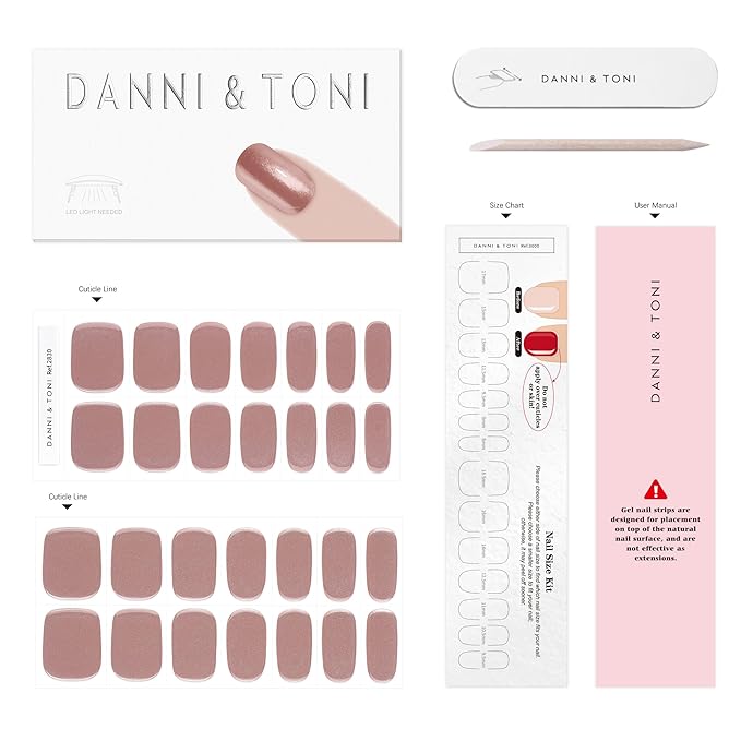 DANNI & TONI Semi Cured Gel Nail Strips Nude Pink Mirror Gel Nail Wraps 28 Stickers |Sepia Shine