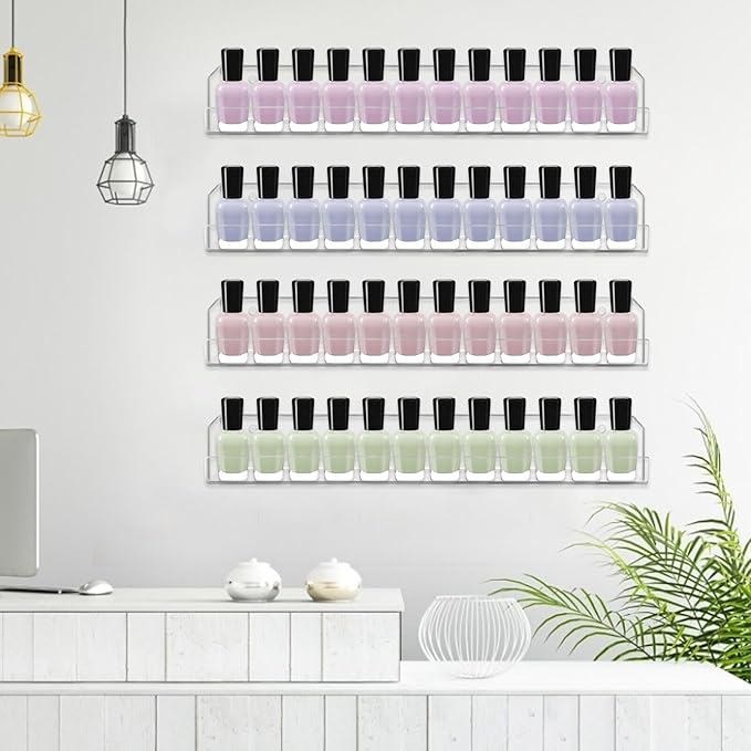 4 Pack Nail Polish Rack Wall Mounted Shelf, Clear Acrylic Nail Polish Organizer Display,Clear Nail Polish Wall Rack Nail Supplies for Nail Techs