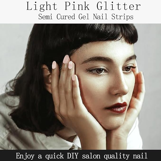 Light Pink Semi Cured Gel Nail Strips 20Pcs Gold Glitter UV Gel Nail Stickers with Design Glossy Marble Nails Polish Strips UV/LED Light Needed Full Polish Self Adhesive Nails Wraps for Women
