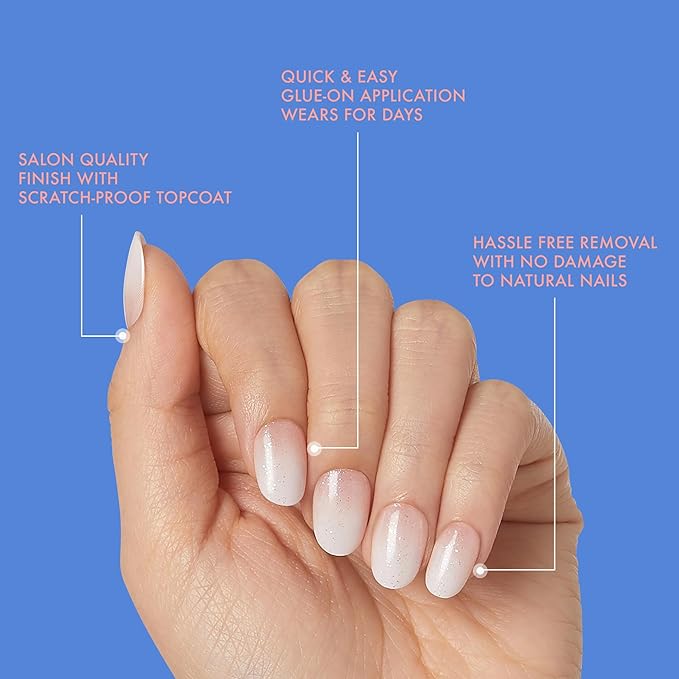 KISS Gel Fantasy, Press On Nails, Nail glue included, 'Champagnes', Light Blue, Short Size, Squoval Shape, Includes 28 Nails, 2G Glue, 1 Manicure Stick, 1 Mini File