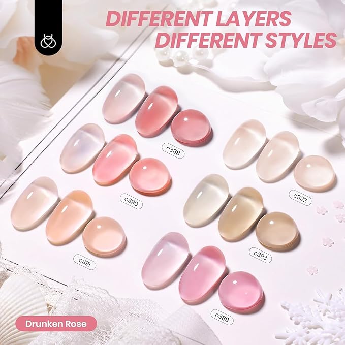 Beetles Nude Gel Nail Polish Set - 6 Colors Nude Pink Brown Neutral Jelly Gel Polish Kit Sheer Translucent Effect Soak Off UV Nail Art Design Drunken Rose Collection Manicure Gift for Women