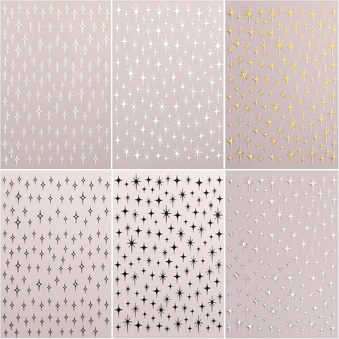 6Pcs Star Nail Sticker for Nail Art 3D Self-Adhesive Nail Decals French Cross Starlight Black White Gold Silver Design Pegatinas Uñas Slider Decal DIY Nail Tips Manicure Decor Supplies for Women