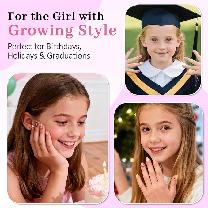 16 Sizes 128 Pieces Press on Nails for Kids, 4 pack Kids Nail Kit Colorful Flower Almond Fake Nail Tips for Girls 8-12 Years Old with Jelly Nail Adhesives & Nail Glue Birthday Easter Gifts