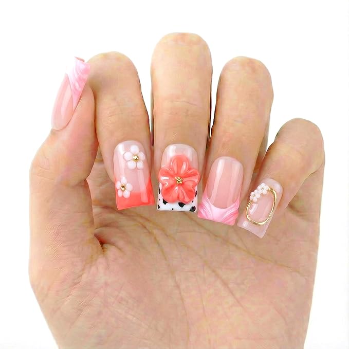 Short Duck Press on Nails Handmade Fake Nails Thick French Muti-Layer Gel 3D Flower Nails Press Ons with Designs Full Cover Luxury False Nails for Women Manicure 10Pcs (Size M)