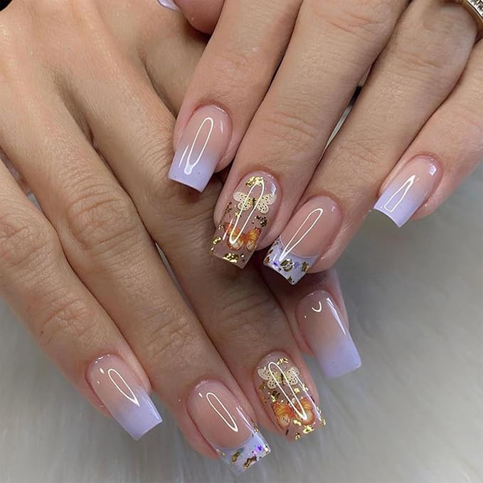 Butterfly Press on Nails Medium Square Fake Nails Purple French Tip False Nails with Designs Gold Foil Gradient Acrylic Glossy Glue on Nail Cute Artificial Stick on Nail for Women Manicure 24Pcs