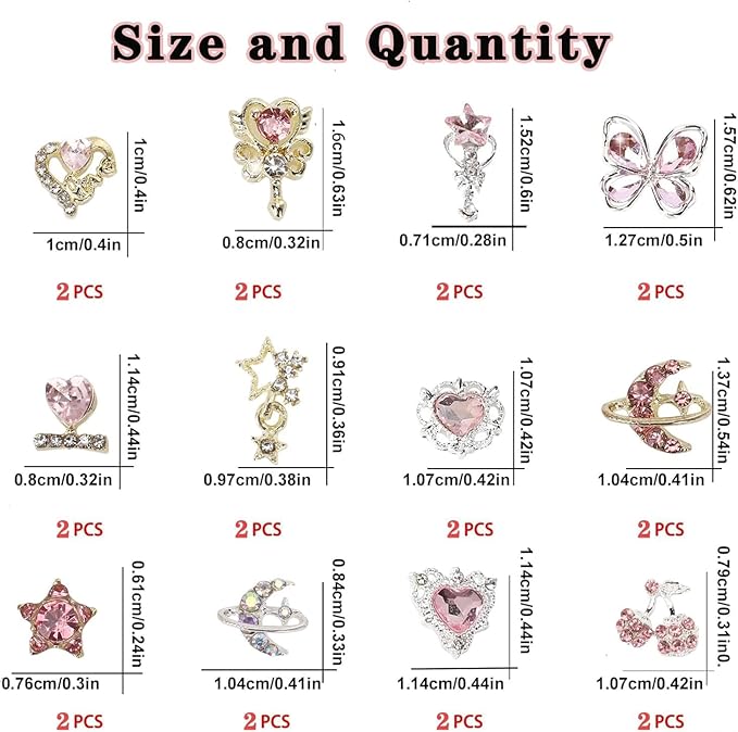24PCS Nail Charms Y2k Alloy Nail Art Rhinestone Charms 3D Heart Star Sailor Moon Nail Charms with Rhinestones Cherry Nail Gems Shiny Jewelry Nail Decorations Supplies A