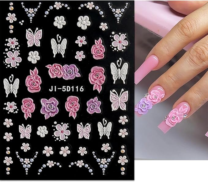 5D Embossed Flower Nail Art Stickers, Flower Nail Decals Nail Art Design Self Adhesive Nail Supplies Colorful Flower Nail Stickers for Women Manicure Decoration 4 Sheets…