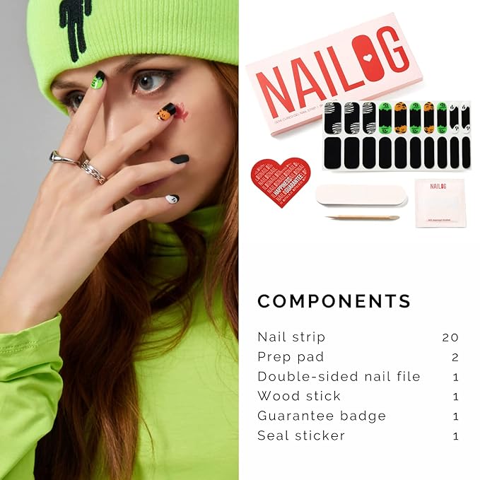 NAILOG Semi Cured Gel Nail Strips (20 Extra Long Polish Stickers/Wraps) | Glossy & Long Lasting Soft Gel Finishing (Little Monsters)