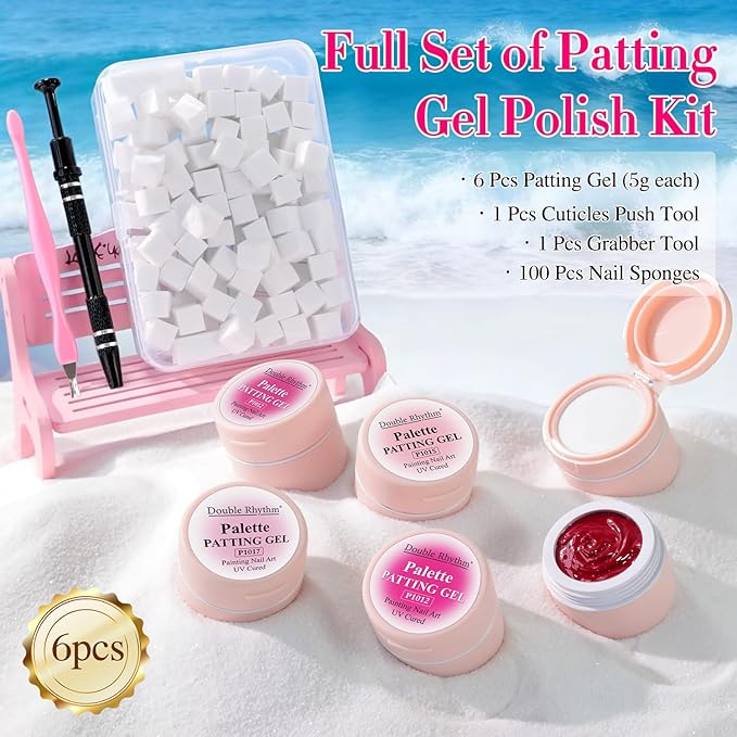 Double Rhythm Painting Gel Polish Set for Nail Art Palette Patting Gel Polish 6 Colors with 100 Pcs Sponges and Grabbing Pen (Pink Rose Purple-T6-67)