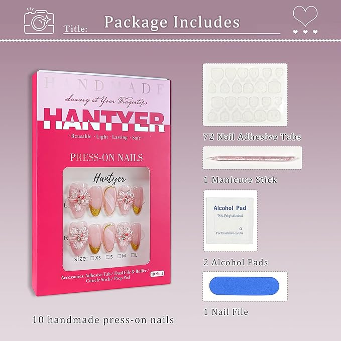 Press on Nails, Medium Oval Fake Nails, Pink Cat Eye Base & Gold French Tips, 3D Cherry Blossoms & Icy Pink Jelly Finish, Reusable Gel Nails Sweet & Elegant Style for Women(Size S)