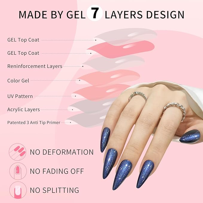 Sea Blue Almond Cat Eyes Press On Nails,12 Sizes - 24 Pcs Soft Gel Blue Medium Fake Nails Kit with Nail Glue, Natural Reusable Stick On False Nails for Women and Girls SK1007