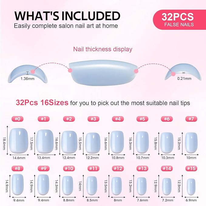 Press On Nails - Findigit Short Square Blue False Stick Glue On Nails, Reusable Stick On Fake Nails with Glue Salon Quality 16 Sizes - 32 Nail Kits, Blue Cream