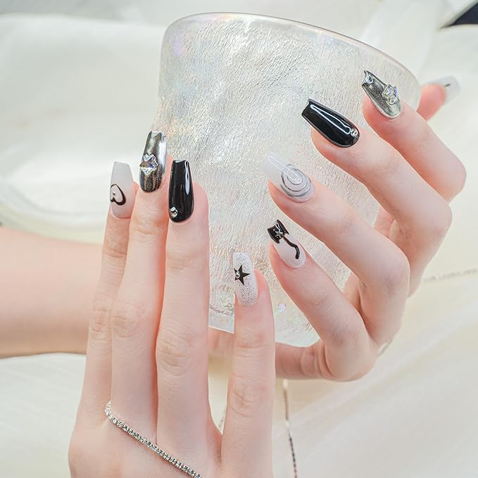 Sun&Beam Nails Handmade Press-on Medium Long Coffin Ballerina Black White Hand-Painted Rhinestone Kitten Design Fashion False Nail Tips 10 Pcs Set (#207 S)
