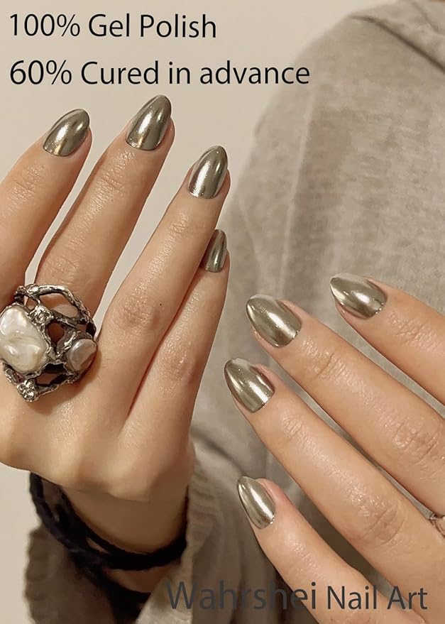 Semi Cured Gel Nail Strips, Chrome Silver 20pcs Adhesive UV Sticker, Wraps for Home Manicure DIY