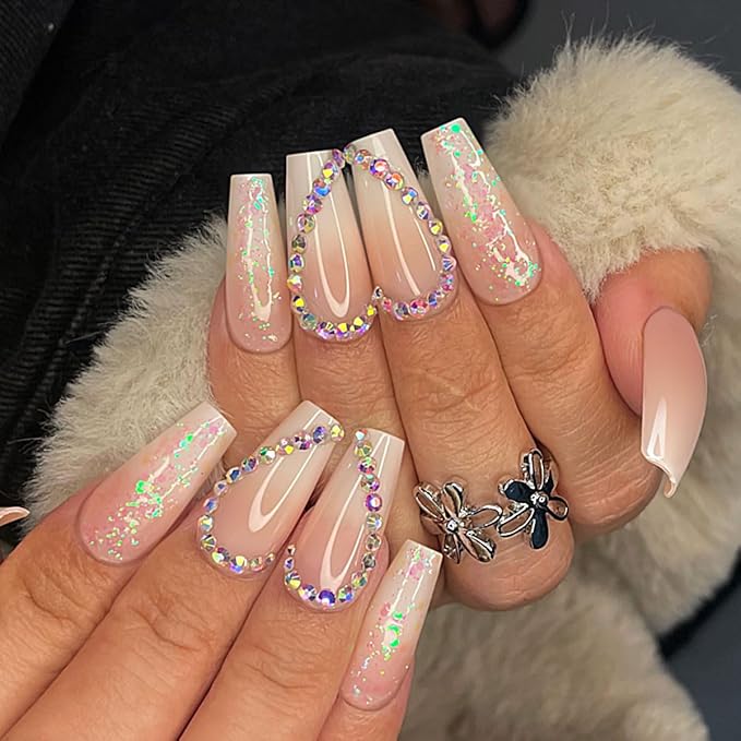 Yivaiks Rhinestone Press on Nails Pink Medium Length Stick on Nails for Women Glitter Artificial Acrylic Press on Fake Nails 24pcs