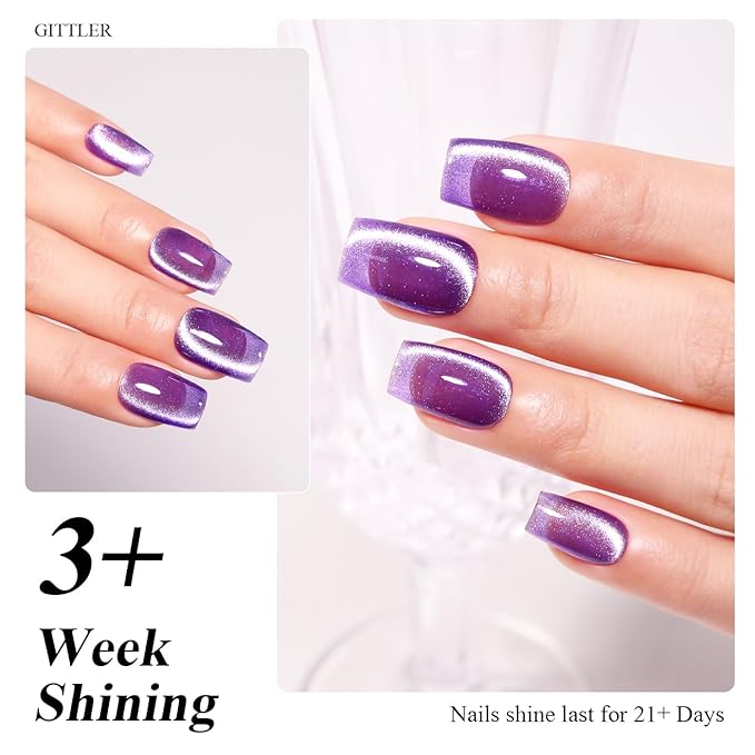 Imtiti Cat Eye Gel Nail Polish, 15ml Lavender Purple Crystal Glitter Cat Eye Gel Polish With Magnet Magnetic Holographic Galaxy Sparkly Soak Off UV Led Manicure
