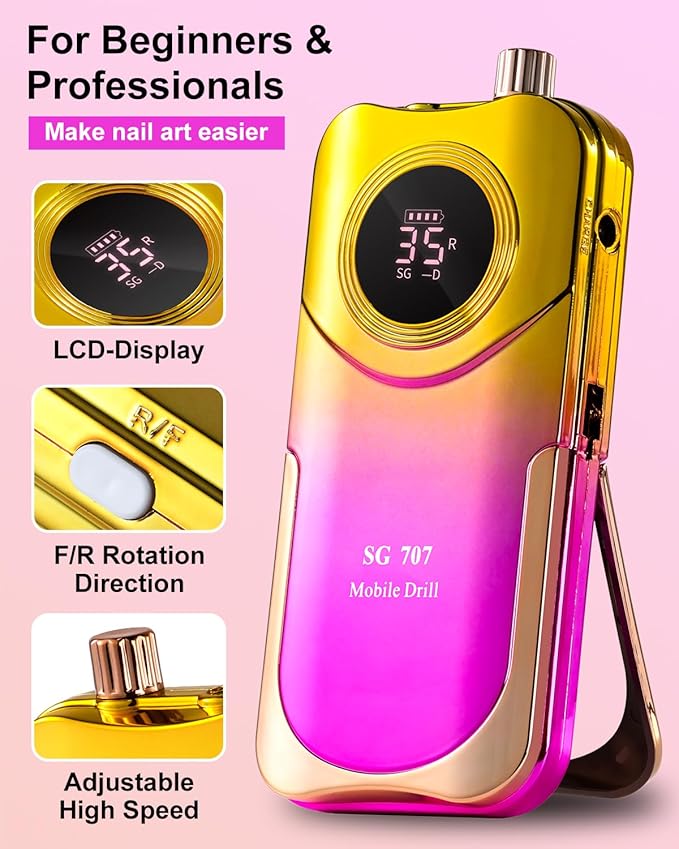 Professional Electric Nail Drill Kit 35000RPM with 14PCS Bits Purple Gold Portable Rechargeable Cordless File Machine for Acrylic Gel Powder Nails and Manicure Pedicure Toenail Tool Salon Set