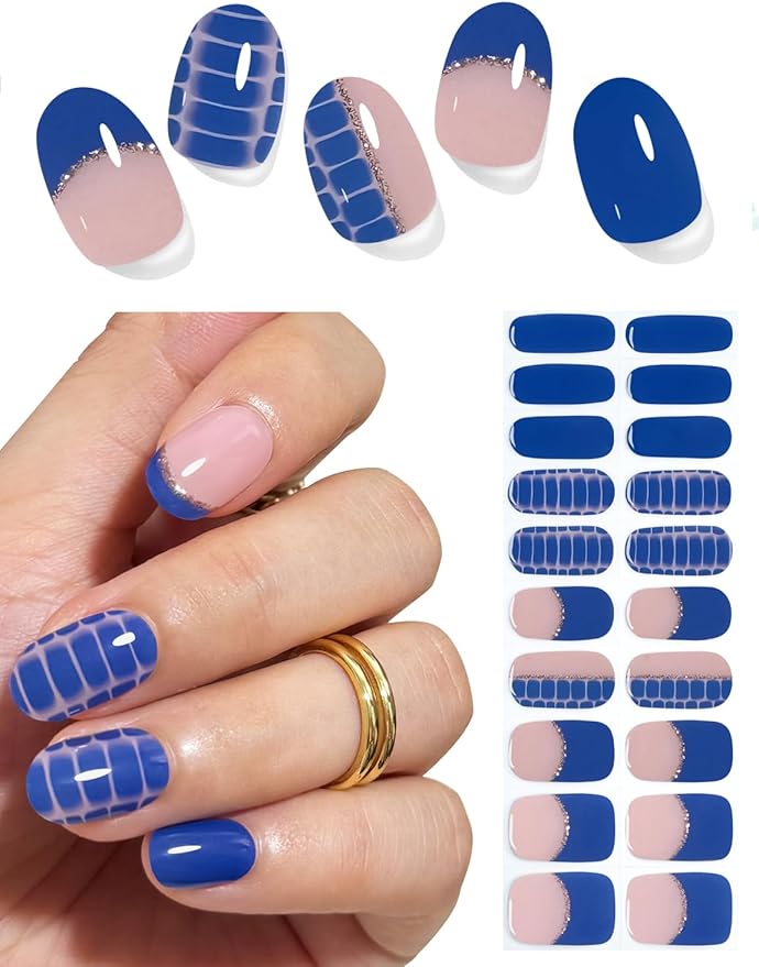Semi Cured Gel Nail Strips, 20pcs Snake Pattern, Blue Gel Nail Stickers for Home Nails DIY