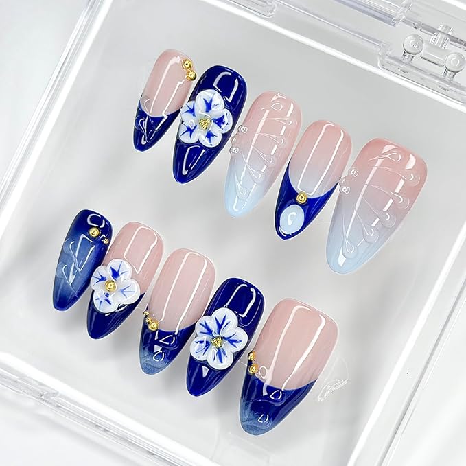 Luxury Press on Nails Medium Almond Handmade 3D French Tip Unique Reusable ABS Material Fake Nails Blue False Nails with Designs Pearls Floral Art Petal Glossy Glue on Nails Thick Acrylic Nails(S)