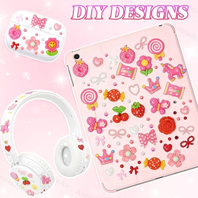 Junk Case Charms Kit, Pink Red Pearls Resin Rhinestones Bedazzling Kit, Cute Candy Bear Cartoon Phone Cases Charms, Junk Case with Big Charm for Crafts Nail Art DIY Accessories