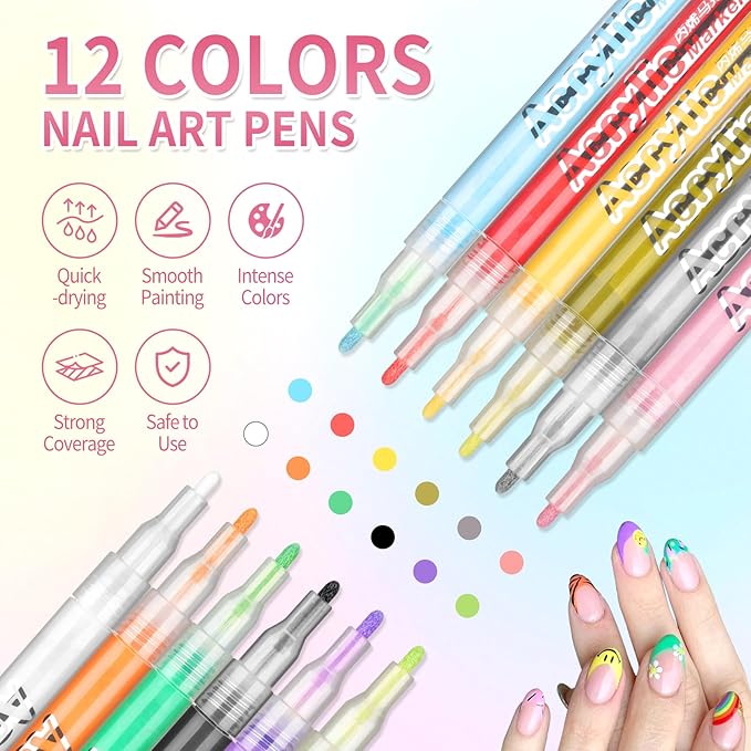 Nail Art Pens for Painting Nails,12 Colors Nail Polish Pens Quick Dry,3D Acrylic Nail Art Markers,Manicure Tools Design Kit for Home Salon