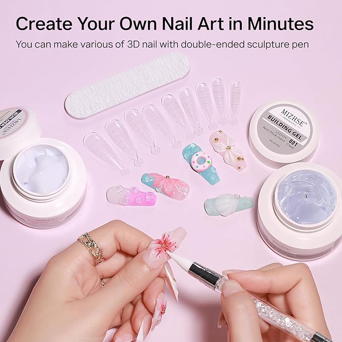 MIZHSE 3D Nail Art Gel Clear and White Solid Builder Gel for Nails Non-Sticky Sculpting Hard Gels with Dual Form for 3D Carving Patterns Flowers Nail Art Design Home DIY Manicure for Women