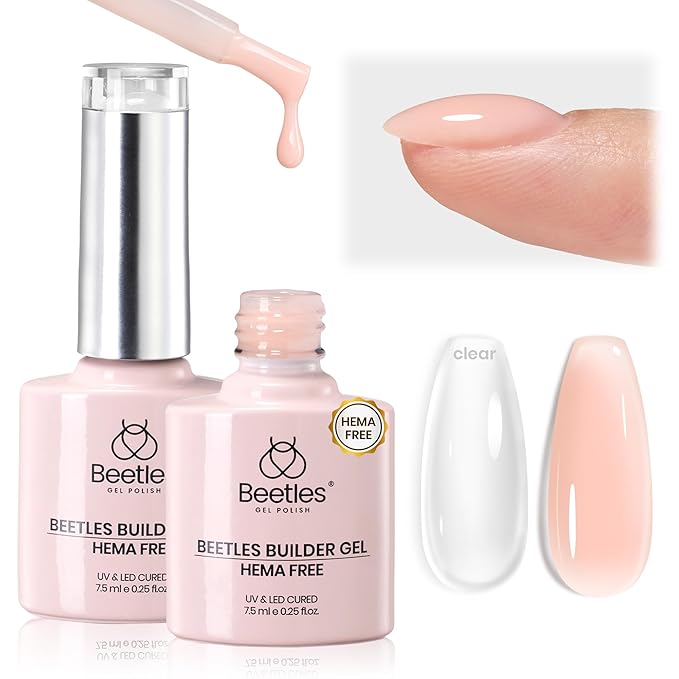 Beetles Builder Gel for Nails HEMA-Free,2 Colors 7 in 1 Clear & Nude Strengthener Gel for Building Apex & Extension UV & LED Lamp Cured Sensitive Nails Friendly for Beginners DIY Salon at Home
