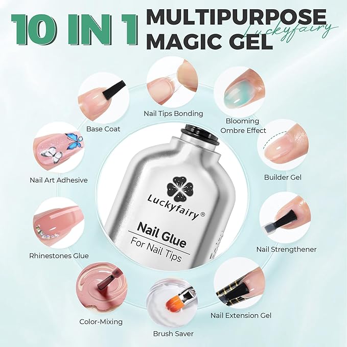 10 in 1 Gel Nail Glue for Nails Tips: 15ml Super Strong Brush On Nail Glue for Clear Acrylic Press on Nails, Need Lamp Cured, Long Lasting Base Coat & Blooming Gel, No Peel Off & Bubble Free Formula
