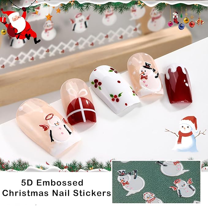 8 Sheets Christmas Nail Art Stickers Decals 5D Embossed Self-Adhesive Pegatinas Uñas Navidad Snowflake Santa Claus Snowman Reindeer Winter Holiday Manicure Decoration Supplies Accessories for Women