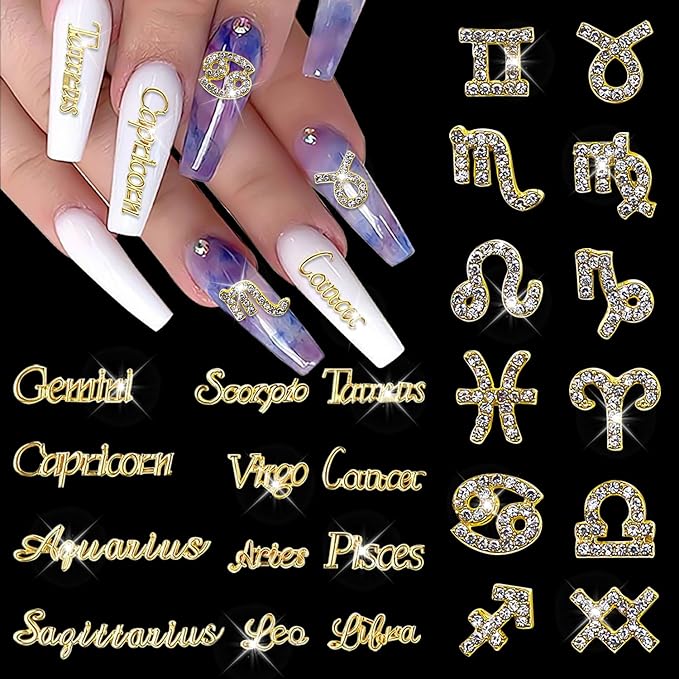 24 Pieces Gold Alloy Zodiac Nail Charms 12pcs Zodiac Signs Nail Studs 12pcs Constellation Words Charms Twelve Constellation Nail Charms for Women Girls Nail Art