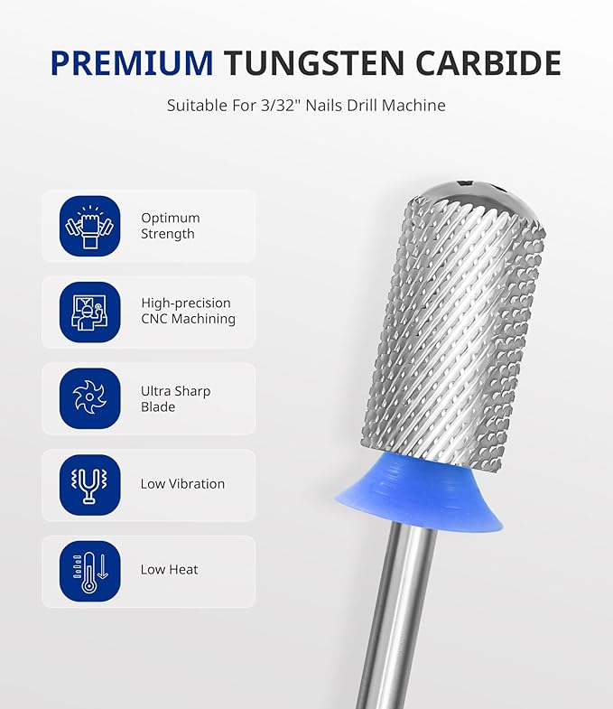 AIRSEE Tungsten Carbide Acrylic Nail Drill Bit Efile Electric File Machine Head Tip for Manicure Polishing Art Remove Gel 3/32" 2 Way Beginner Safety Round Top Cylinder Barrel Medium-M
