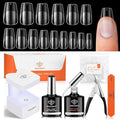 modelones X Nail Gel Kit Short Coffin, Upgrade 510Pcs Fake Nails 15Sizes, 9-in-One Glue Prep Dehydrator & Mini U V Light Clipper, Pre-shaped Half Matte Press on Short Coffin Tips for DIY Salon